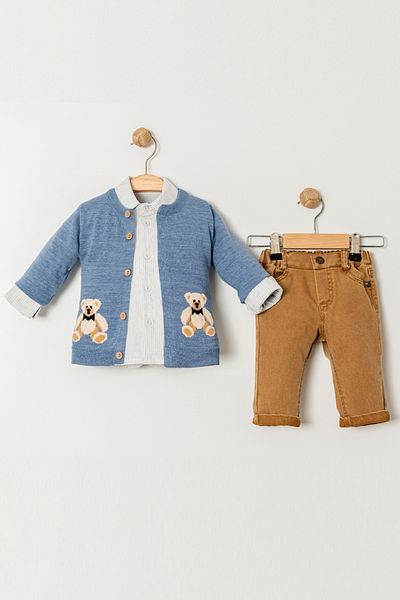 Bebüş Teddy Bear Figured Blue Cardigan Striped Shirt and Tan Pants 3 Piece Baby Boy Set 15056