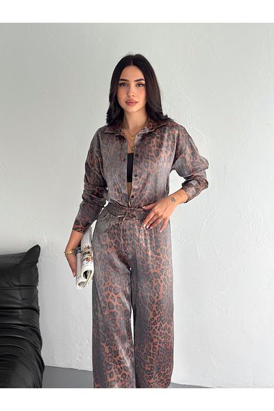 dignus Fényes Leopard Print foltos szatén szövet ing öltöny