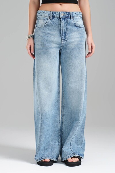 tw3 Women's Blue Denim Color Side Detail Super Wide Leg 100% Cotton Denim