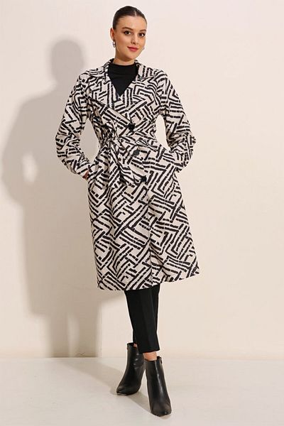 passense 5853 Patterned Double Breasted Collar Trench Coat - Black White