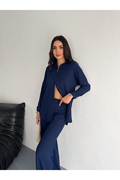 02Lady Fashion Seersucker Long Sleeve Shirt Bürümcük Shirt Wide Legged Double Suit