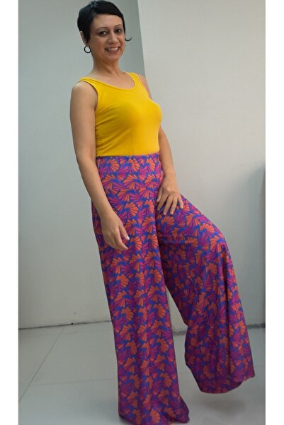 Mertcan Butik Civit mavisi Pembe turuncu desenli beli lastikli bol paça mevsimlik pantolon etek