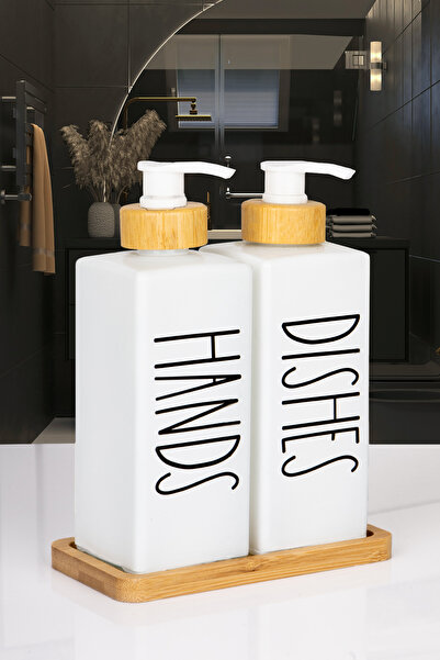 mafa home 2-Piece Square Glass Soap Dispenser with Bamboo Base and Bamboo Pump, Detergent Dispenser 350 ml