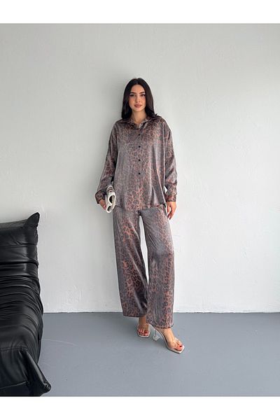 dignus Fényes Leopard Print foltos szatén szövet ing öltöny