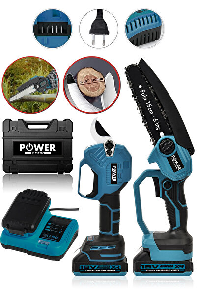 POWER BLACK GERMANY 2'li Set Çift Akülü Bağ Makası ve Budama Testeresi Makine...