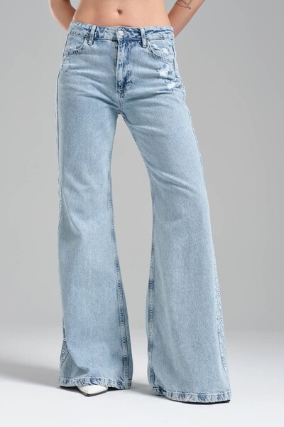 tw3 Kadın Kot Rengi Yandan Nakışlı Flare Fit %100 Koton Tasarım Denim