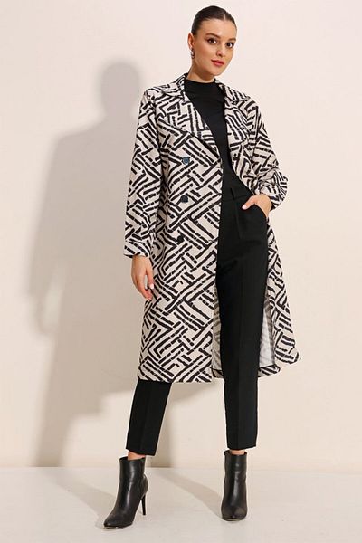 passense 5853 Patterned Double Breasted Collar Trench Coat - Black White