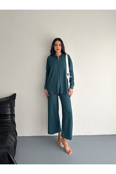 02Lady Fashion Seersucker Long Sleeve Shirt Bürümcük Shirt Wide Legged Double Suit