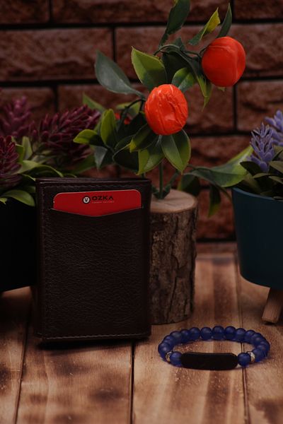 Ozka Leather Collection Кожен държач за карти с автоматичен механизъм - син гривна, подарък 3