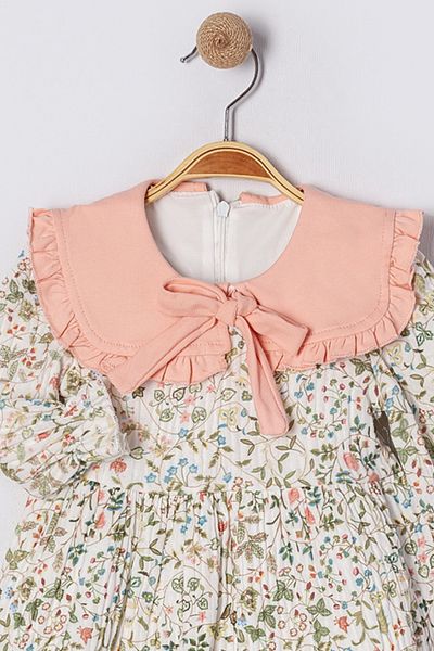 Bebüş Lined Flower Pattern Cotton Fabric Collar Long Sleeve Girl Dress 15301