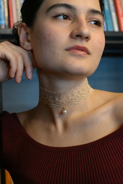 SHİNELİZE Salmon Color Choker Necklace , Design Handmade Lace Choker Necklace