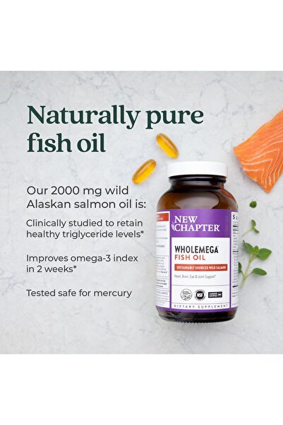New Chapter Wholemega Wild Alaskan Salmon Oil - Omega-3, D3, Astaxanthin - 60ct, 1000mg Softgels