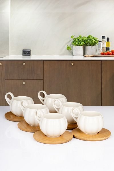 naturelove 6 Personality Porcelain Coffee Cup with Bamboo Base 12 Pieces