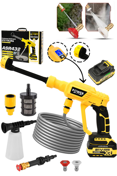 POWER BLACK 21v Yüksek Basınçlı Kömürsüz Motor Akülü Oto Araba Yıkama Makinesi Şarjlı