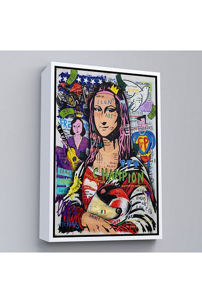 Harita Sepeti Pictură pe pânză Mona Lisa Banksy colorată cu cadru alb, artă de stradă, pop art