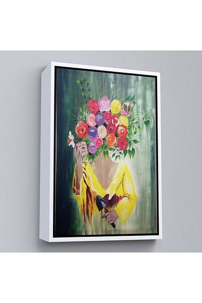 Harita Sepeti Portret de femeie cu cap de floare într-un cadru alb, vedere în ulei, pictură decorativă pe pânză