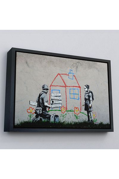 Harita Sepeti Tablou pe pânză pentru băiat Bansky într-un cadru de aur care acoperă ușa casei