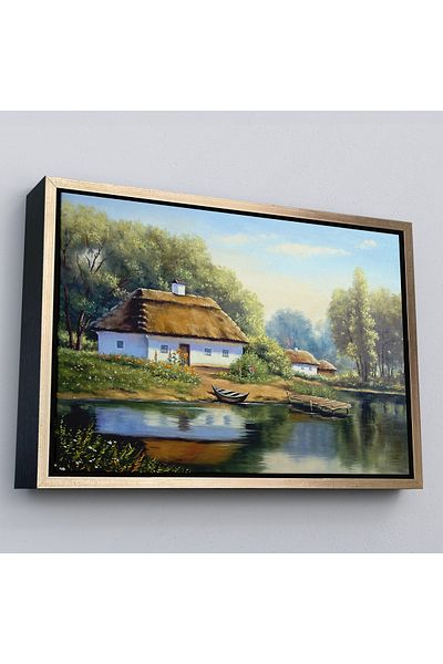 Harita Sepeti Vederea unei case de sat cu vedere la lac într-un cadru de aur Pictură murală decorativă pe pânză