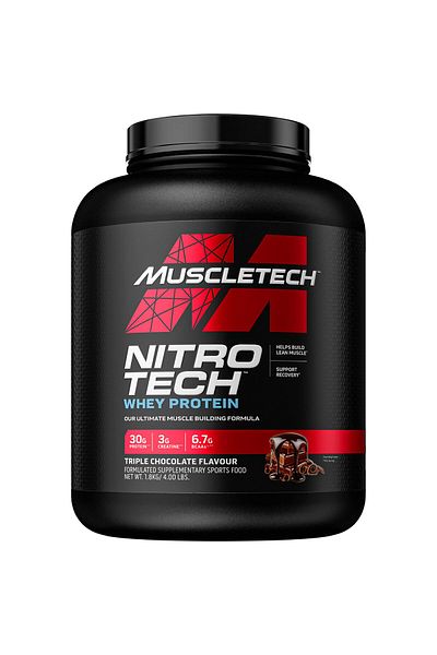 MUSCLETECH Nitro-Tech Whey Protein Powder (Milk Chocolate, 4lb) - 30g Protein, 3g Creatine, 6.6g BCAA