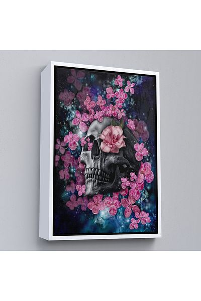 Harita Sepeti Cap de schelet cu cadru alb și flori roz Pictură pe pânză Artă de perete