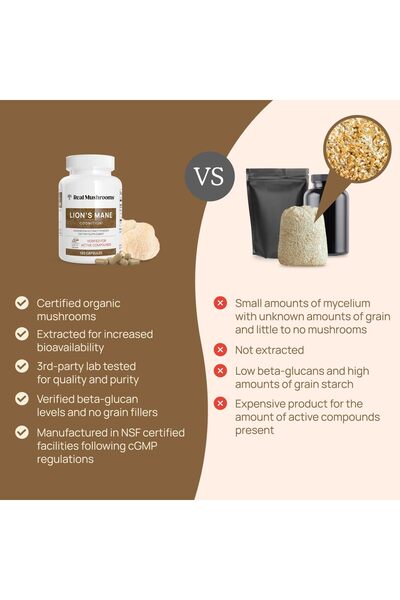 Real Mushrooms Lions Mane Mushroom Capsules (120) | Brain & Focus Supplement, Mushroom Extract