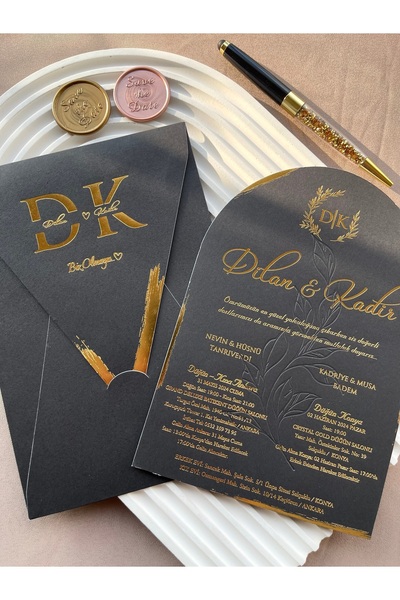 emindijital Oval Siyah Zarflı Düğün Nişan Nikah Kına Davetiyesi 50 Adet
