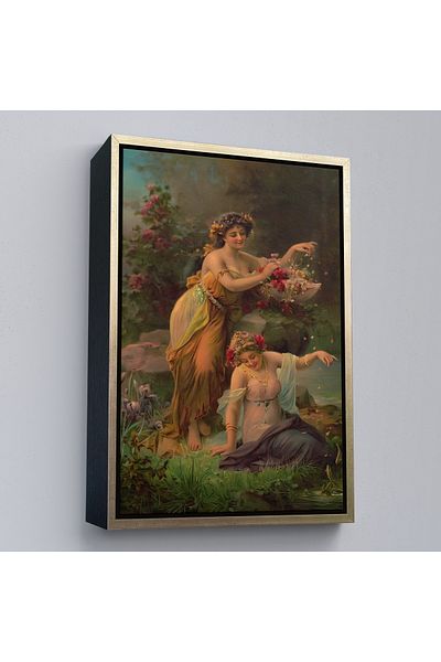 Harita Sepeti Γυναικεία διακοσμητική ζωγραφική τοίχου με λουλούδια στην πλευρά της λίμνης με καφέ πλαίσιο
