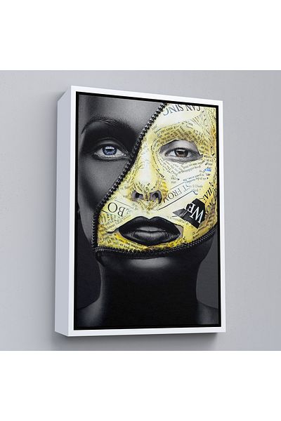 Harita Sepeti Close-Up Portrait of Beautiful Girl with White Frame Zipper Makeup Canvas Painting