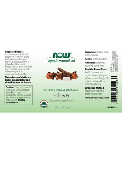 Now Foods Organic Clove Essential Oil, 100% Pure, Steam Distilled, Vegan, 1-Ounce, Child Resistant Cap