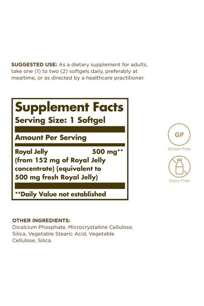 Solgar Royal Jelly "500" - 60 Softgels - Gluten Free, Dairy Free - 60 Servings