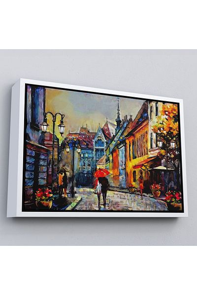 Harita Sepeti White Framed Hungary Budapest Street Landscape Oil Painting View Painting