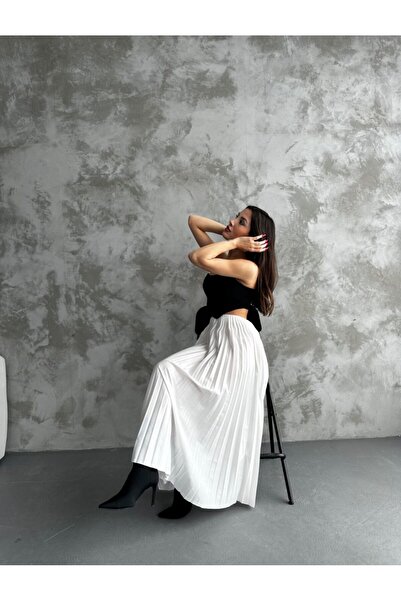 Sea Queen Women's White High Waist Shiny Pleated Long Hijab Skirt