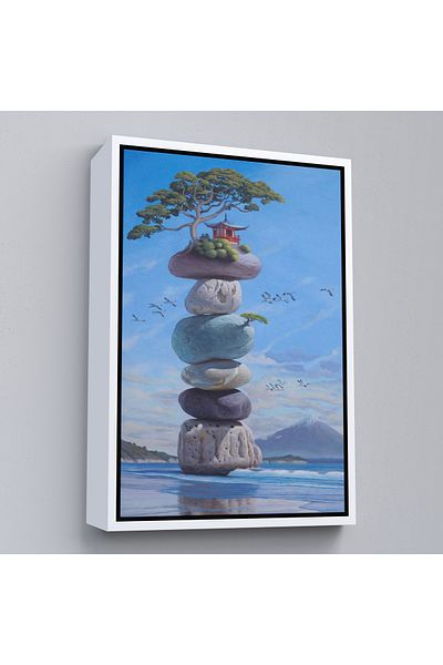 Harita Sepeti Pietre de echilibru colorate pe plajă cu cadru alb, meditație, yoga, imprimare spirituală pictură pe pânză