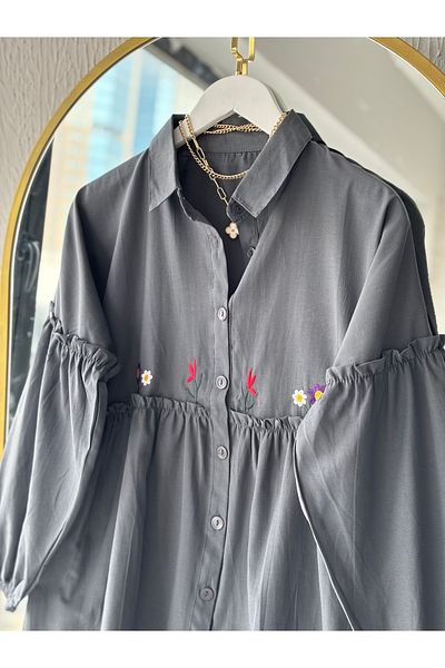 Butik Embroidered Poplin Shirt Gray