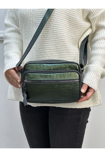 Deribag Piele naturală, mărime medie, reglabilă, curea încrucișată, geantă de umăr pentru femei, verde 22*17*7 cm