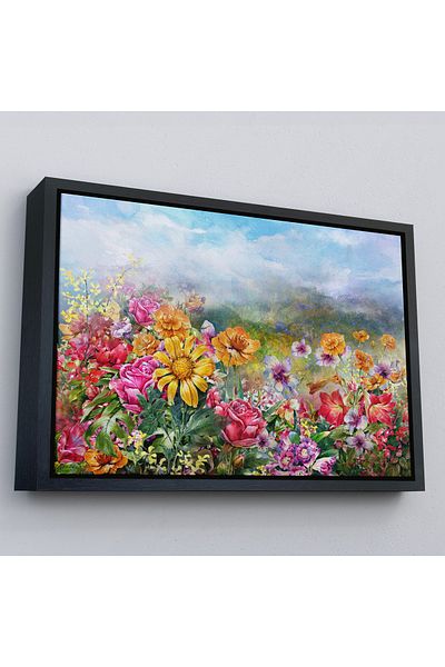 Harita Sepeti Pictură murală pe pânză peisaj cu flori multicolore cu cadru auriu