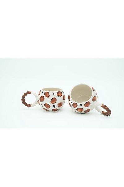 SeraCEY 2' Li Knitted Handle Bubble Leopard Patterned Hand Embroidered Ceramic Mug