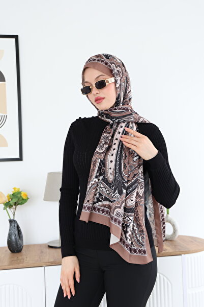 Butik KAHVERENGİ ETNİK DESEN LUX SATEN İŞLEMELİ ŞAL