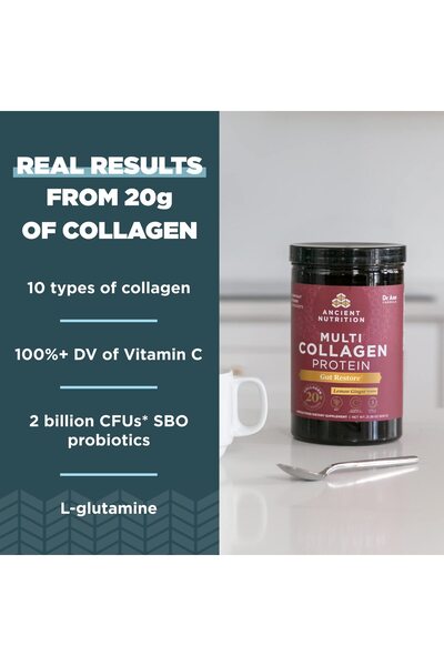 ANCIENT NUTRITION Collagen Powder, Multi Collagen Gut Restore, Lemon Ginger, Apple Cider Vinegar, 8.4 oz