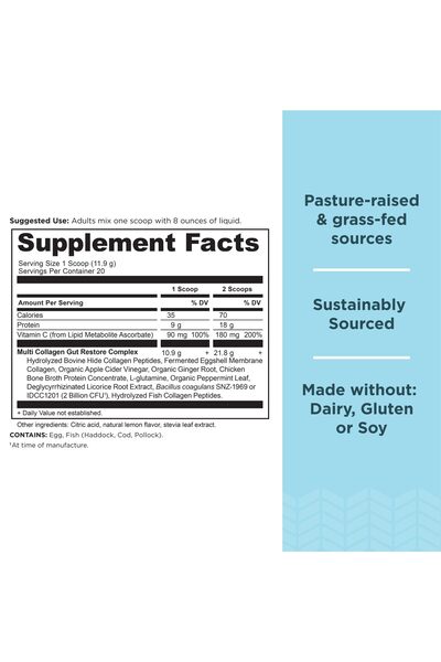 ANCIENT NUTRITION Collagen Powder, Multi Collagen Gut Restore, Lemon Ginger, Apple Cider Vinegar, 8.4 oz