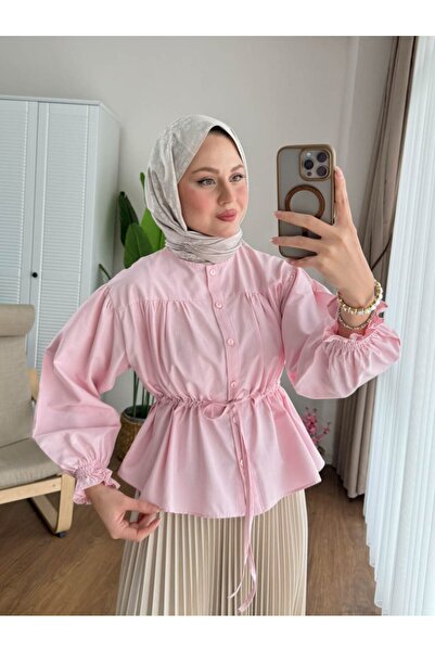 Miraydın Butik Kadın Etek Üstü Belden Büzgülü Gömlek M24140 - Pembe