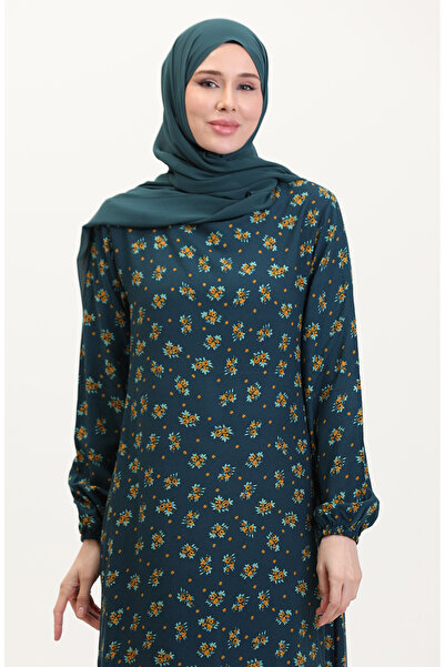 sefamerve Desenli Viskon Elbise 0007-04 Petrol