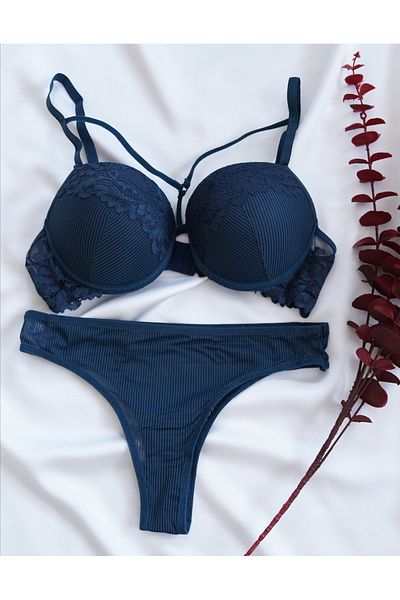 cappadocians Lace Detailed Ribbed Supported 2-Piece Bra Set-Petrol Blue