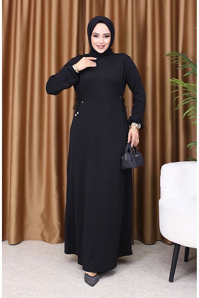 sefamerve Schwarzes gerafftes Kleid 5110-01 Modell