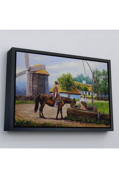 Harita Sepeti Peisaj de sat în cadru de aur Pictură în ulei Vedere Pictură decorativă pe pânză