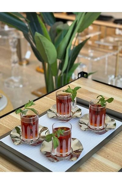SAMSA White Decor Processing Glass Cup, Metal Plate, Glass Mirra Cup 18 Pieces Set