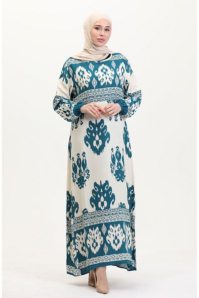 sefamerve Rochie din viscoză cu model - 0006-03 Bej petrol