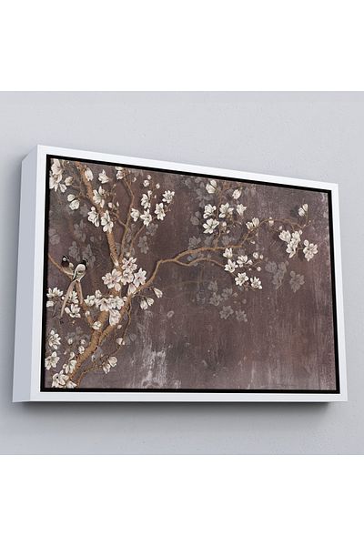 Harita Sepeti Flori albe pe copac cu cadru alb Vizualizare pictură în ulei Pictură decorativă pe pânză