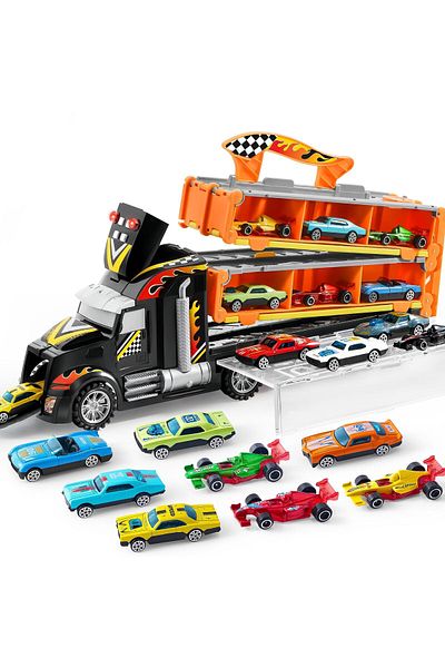 JOYIN Toy Truck, 5-FT Race Track, 12 Die-Cast Cars, Lights & Sounds, Gift for Kids 2-5 Years - Black