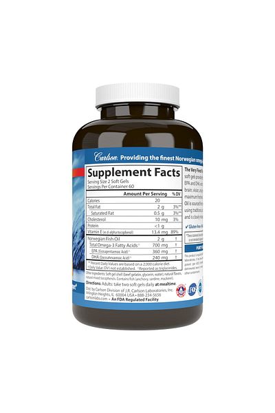 Carlson Norwegian Fish Oil, 700 mg Omega-3s, Wild Caught, Sustainably Sourced, Lemon, 120 Softgels